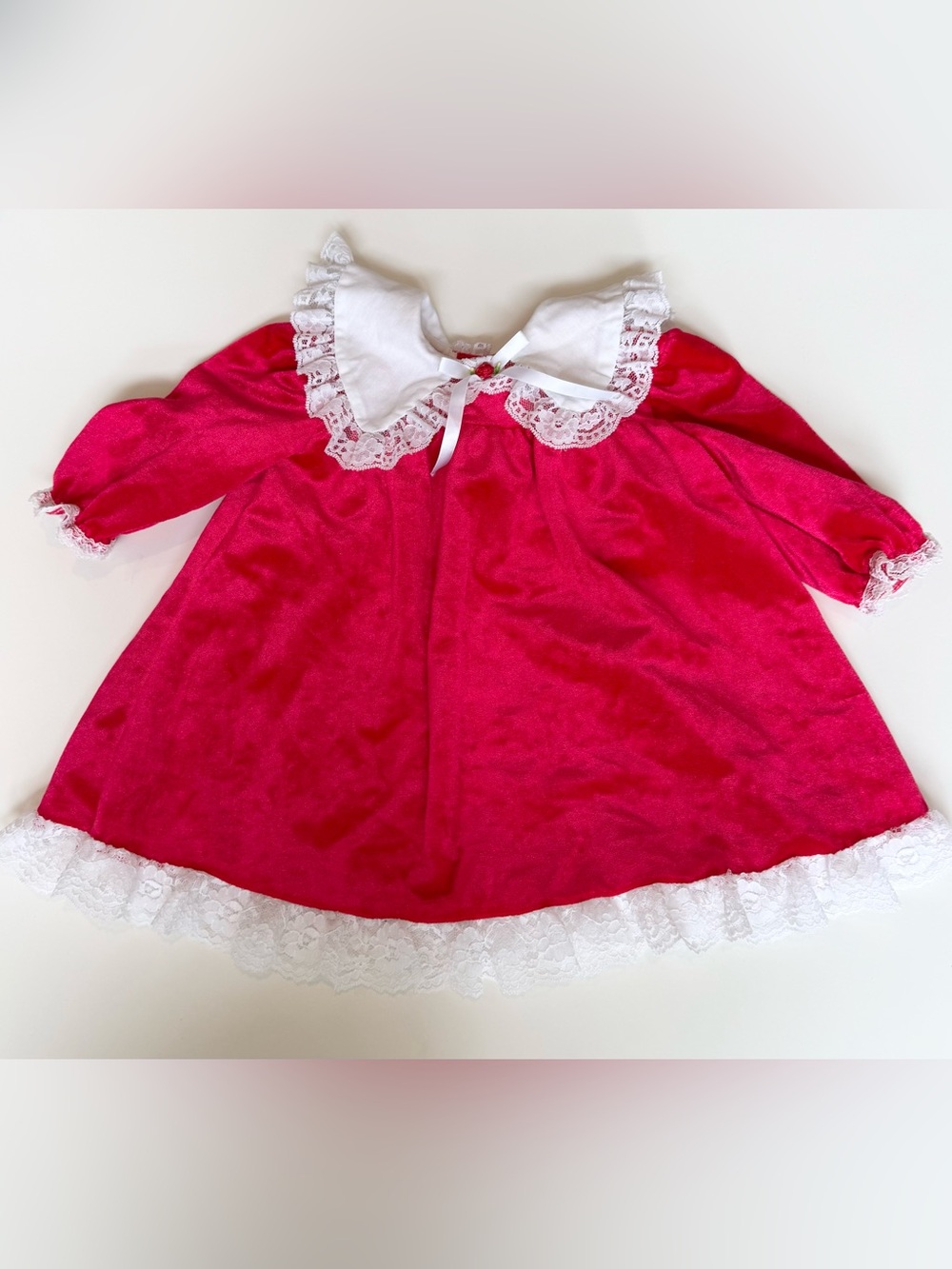 Vintage 90s Girls' Pink Velvet Dress with White Lace Collar